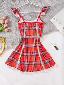 New Plaid Print Cute & Sexy Ruffled Strap Nightgown - Red - View 7