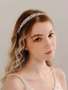 Faux Pearl & Rhinestone Headband, Princess Tiara Headpiece, Suitable For Party Decor, Wedding, Birthday, Costume Accessories