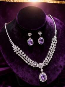 3pcs Royal Style Silver Jewelry Set - Crown, Necklace And Earrings Embellished With Purple Gemstones And Crystals, Ideal For Weddings And Pageants - Multicolor - View 4
