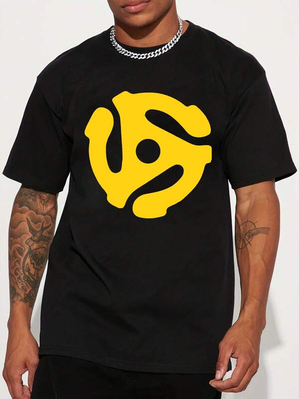 Abstract Yellow Logo Graphic Print American Streetwear Design Graffiti Letter Print Short-Sleeve T-Shirt For Both Men And Women, Perfect For Couples In High Street Fashion.