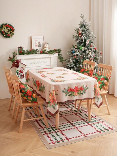 1pc Christmas Print Tablecloth With Folded Edges, Decorative Dining Table Cover