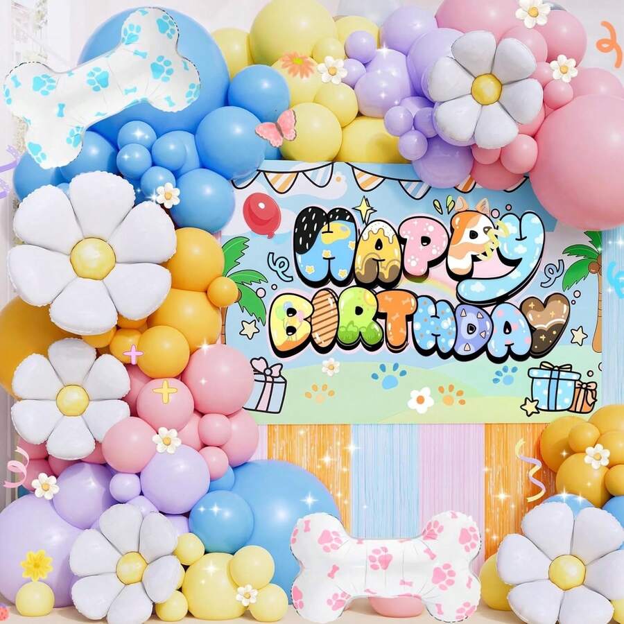 134pcs Blue Puppy-Themed Balloon Garland Arch Set, Includes Blue And Pink Puppy Bones, Large And Small Daisy Foil Balloons, And Pink, Blue, Yellow, And Purple Latex Balloons. Perfect For Birthdays, Baby Showers, First Birthdays, Family Gatherings, Or Cartoon Puppy-Themed Party Decorations. - Multicolor - View 1
