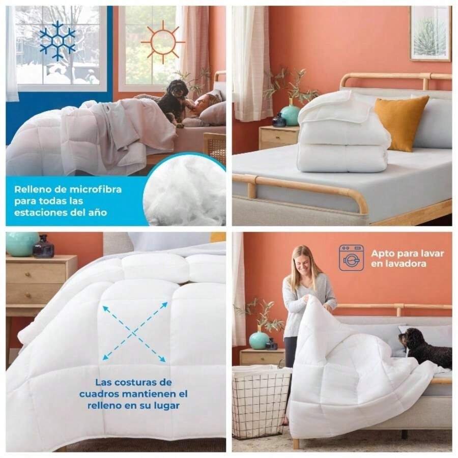 - Edredn Acolchado de Plumn Alternativo - - Microfibra Suave e Hipoalergnica - salo o con Funda - Reversible - Toda Estacin - Blanco - Blanco + Queen - Ver 1