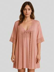 Luxury Romantic And Lace Robe Comfortable Bathrobe Night Line Bride And Maternity - Rosa Oxidada - Ver 1