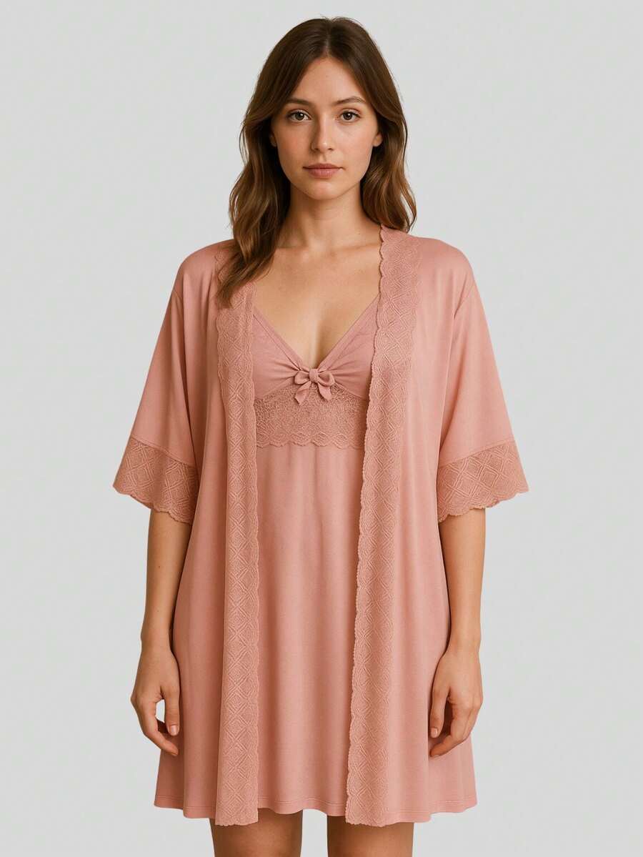 Luxury Romantic And Lace Robe Comfortable Bathrobe Night Line Bride And Maternity - Rosa Oxidada - Ver 1