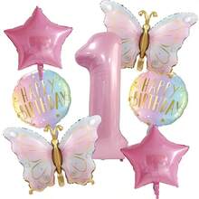 7pcs Happy Birthday Pink Butterfly Balloon Set, Includes 32inch Pink Number 1-6, Pink Star Shaped, Round Balloons, Suitable For Birthday Party, Anniversary Party, Home Decor, Atmosphere Setting, Party Decoration - Pink - View 8