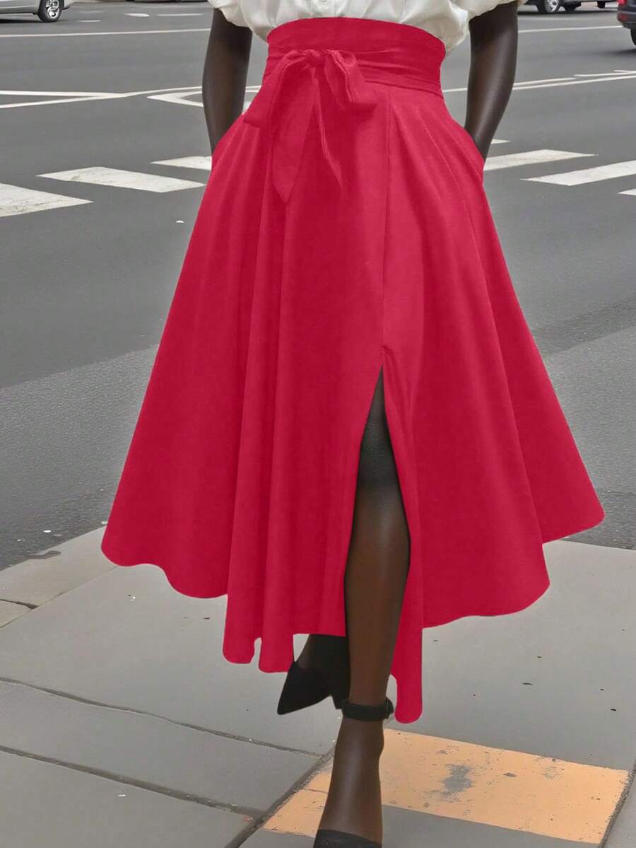 Elegant Commute Minimalist Solid Color Slit Skirt - Red - View 1