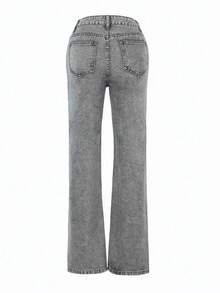Women's Solid Color Casual Straight Jeans,Mid-Rise Wide Leg Jeans – Versatile Denim Pants For Women, Everyday & All-Season Wear - Grey - View 5
