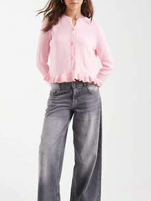 Women's Elegant And Stylish Ruffled Sweater Cardigan - Bright Pink - View 3