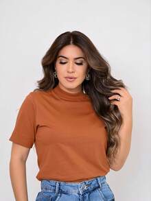 Women's Cotton Funnel Neck T-Shirt With Short Sleeves, Regular Fit - Rỉ Nâu - Xem 5