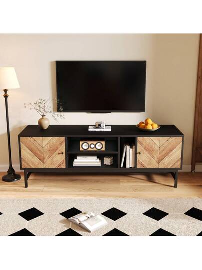 150cm TV St Contrasting Zwart Wood Versatile Storage Space, Including Cabinets, Horizontal Vertical Compartments, Moderne Minimalist view 2