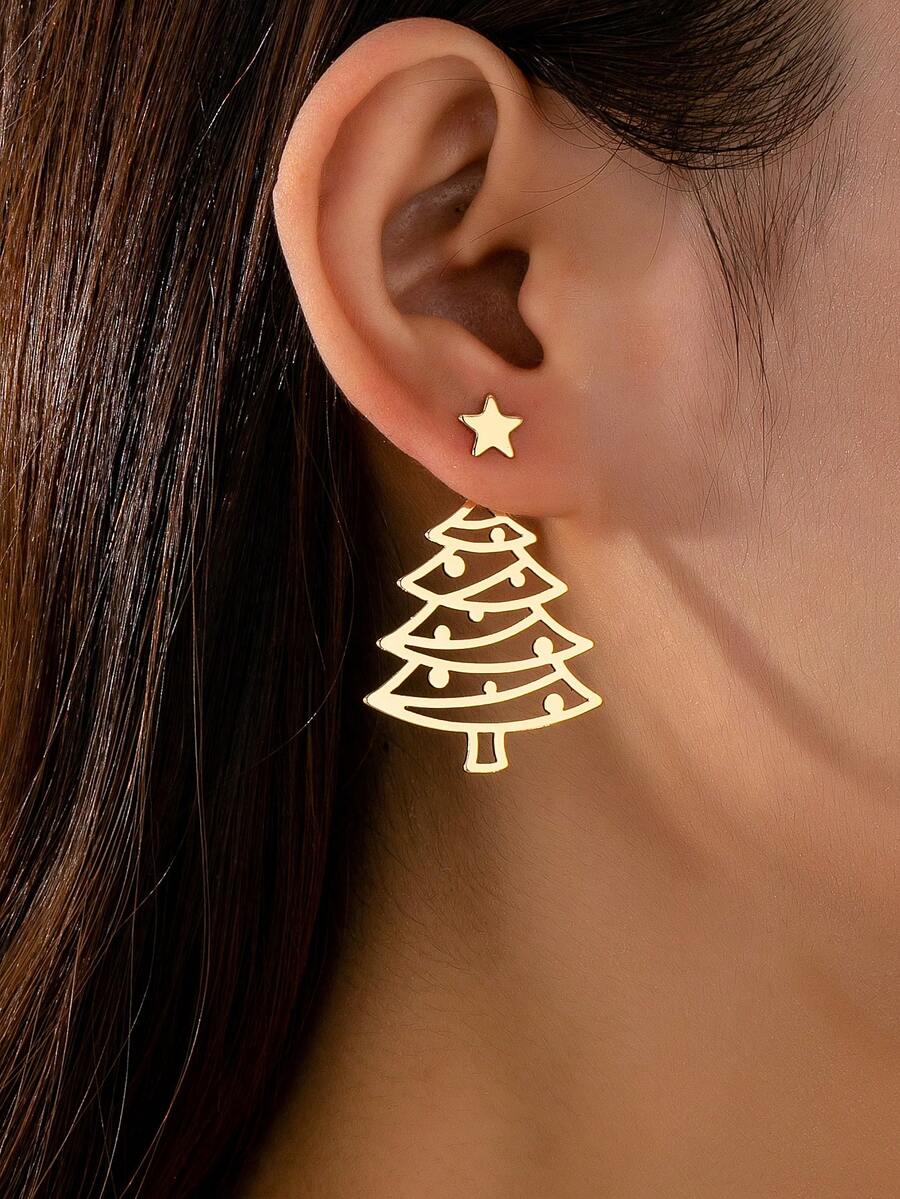 2pcs/Set Christmas Hollow Christmas Tree Earrings (Front And Back), Suitable For Women To Wear At Christmas Parties - Golden Christmas Tree - View 1