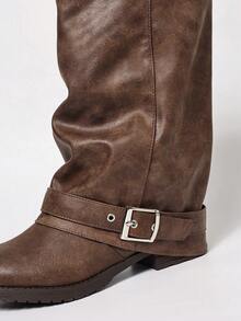 Fall/Winter Brown Shaft Women's Boots With Strap Buckle, Slip-On, Chunky Low Heel, Round Toe, Elegant Versatile Comfortable Casual/Work Wear Mid-Calf Boots,Party