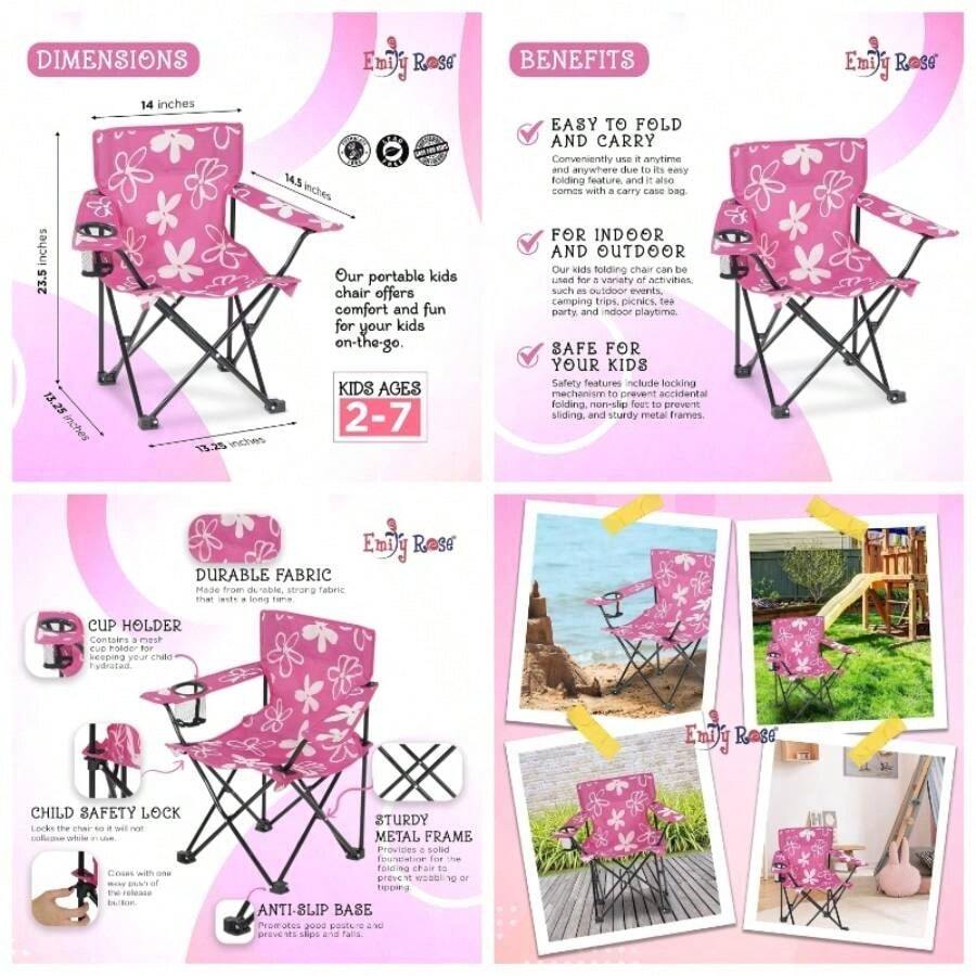 - Silla plegable para nios, color rosa y blanco, para playa, otoo, campamento, con cerradura de , funda de transporte y portavasos flores, para nias pequeas, interior y - Rosado/Blanco - Ver 1