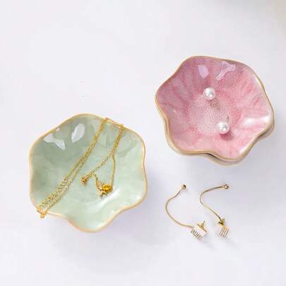 1pc Ceramic Jewelry Dish Plate With Floral Design - Multi-Use Decorative Organizer Jewelry, Cosmetics, Keys - Pastel Green, Pink, White & Speckled - Bathroom, Kitchen, Bedroom Home Decor, Bathroom Accessory, Stylish Storage, Elegant Craftsmanship, Small Item Tray, Shoppers, Jewelry Towers