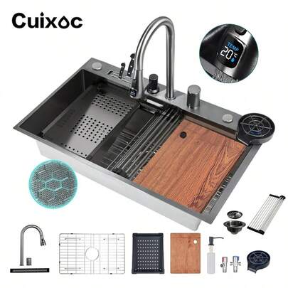 Cuixoc 33x22 Black Waterfall Kitchen Sink Smart Workstation Sink With Faucet Combo 304 Stainless Steel 16 Gauge Drop In Single Bowl Multifunctional Top Mount Sinks,