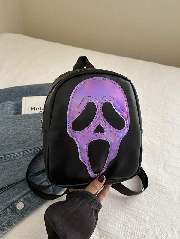 Fashionable Contrast Color Skull Print PU Mini Backpack, Casual Versatile Daypack Suitable For Women, Halloween Use, Phone Pouch (Relatively Small Size)