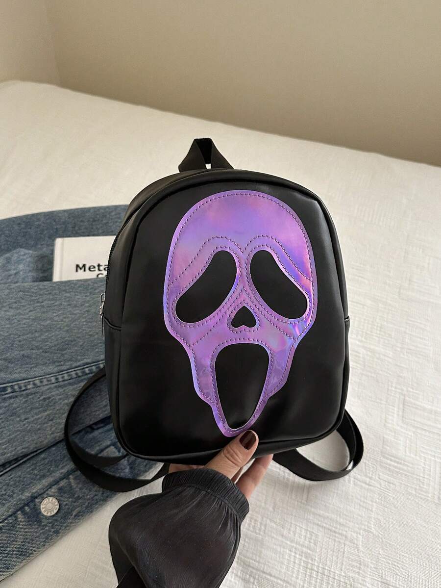 Fashionable Contrast Color Skull Print PU Mini Backpack, Casual Versatile Daypack Suitable For Women, Halloween Use, Phone Pouch (Relatively Small Size)
