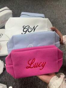 Customized Embroidered Makeup Organizer Pouch, Monogram Waffle Makeup Bag - Monogram Graduation Gift - Bridesmaid Gift, Classic Makeup Bag Perfect For Dorm Life, Customized Embroidered Mesh Makeup Pouch/Toiletry Bag, Essential For Travel & Business, Fashionable Solid Color, Multiple Colors Available, Customized Embroidered Text Or Logo For Corporate Gifts & Team Building