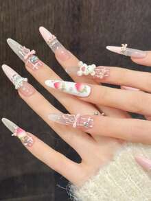 10 Pcs Luxury Handmade Press On Nails Long Stiletto False Nails Pink Light Dream Design False Nails With 3 PiecesTool Adhesive Nail Glue Tabs Suitable For Girls And Ladies In Their Daily Work And Life. Fall Style.Pink Nails.Long Nails