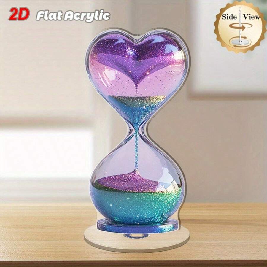 1 pieza Decoración de escritorio acrílica 2D giratoria, muestra el reloj con un bombillo en forma de corazón con degradado púrpura y verde azulado, para un ambiente elegante en el hogar u oficina - Multicolor - Ver 1