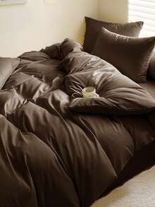 1 Duvet Cover + 2 Pillowcases 3 Pieces Set, Skin-Friendly Soft & Comfortable, Machine Washable, Suitable For All Seasons - Coffee Brown - View 2