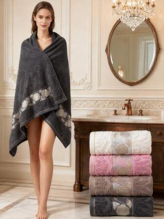 1pc Medium Bath Towel, Lightweight 360GSM, Variety Of Colors, Jacquard Rose Floral Pattern, Rectangular 70*140cm For Adults, Swimming, Bathing, Wrapping, Or 34*74cm Hand Towel, 34*34cm Handkerchief, Quick-Dry, Absorbent, Soft, Suitable For Bathroom, Hotel, Gym, Travel, Holiday Gift, Salon, Sports, Outdoor, Beach Shower Towels For Beaty Salon, Hotel Sports, Home Essentials, Towel, Skin Care Bath Towel Sheet