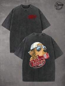 Dr. Pepperr Red Patterned T-Shirt, Sunglasses Golden Retriever Holds Dr. Pepperr Drinks, Men And Women's T-Shirts, 230G Wash Cotton High Quality Cotton Printed T-Shirts, Men Clothes, Suitable For Street Retro And Outdoor Sports And Leisure, Comfortable And Fashionable, Y2k Clothes, Funny T-Shirts, Streetwear, Perfect Gift. - 黑色 - 查看 1