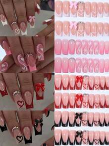 24pcs/Set Acrylic Press-On Nails, Heart Pattern, Black French, Rhinestone Pink Bow Design, Coffin Shape, Perfectly Fit False Nails, Includes 1pc Jelly Gel And 1pc Nail File, French Manicure, Suitable For Women And Girls, Daily And Party Nail Accessories - 多色 5 - 查看 1