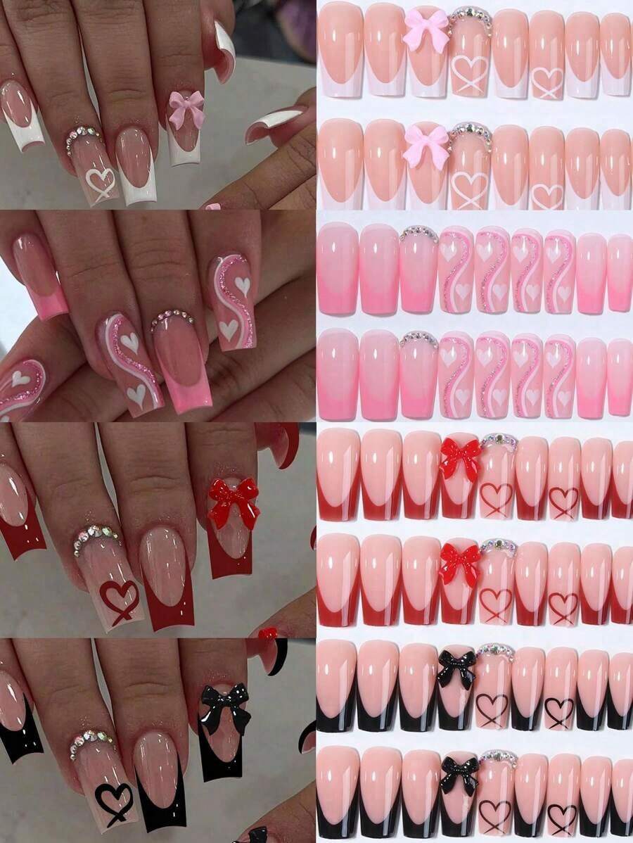24pcs/Set Acrylic Press-On Nails, Heart Pattern, Black French, Rhinestone Pink Bow Design, Coffin Shape, Perfectly Fit False Nails, Includes 1pc Jelly Gel And 1pc Nail File, French Manicure, Suitable For Women And Girls, Daily And Party Nail Accessories - 多色 5 - 查看 1
