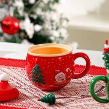 1 conjunto de canecas de cerâmica estilo árvore de Natal 3D com colher e tampa de aço inoxidável, xícara de café, decoração para casa de fim de ano, presente de Natal ideal para café, leite e chá