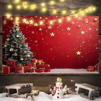 1 قطعة خلفية شجرة عيد الميلاد مع خلفية حمراء - خلفية تصوير بموضوع عيد الميلاد المجيد، لافتة بوليستر متعددة الأغراض لحفلات العطلات وديكور طاولة الكعك، لا تحتاج إلى كهرباء