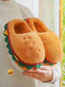 نعال منزلية سميكة القاع بتصميم كرتوني لطيف على شكل همبرغر ثلاثي الأبعاد للنساء، نعال منزلية دافئة مغلقة الأصابع للاستخدام الخارجي للأزواج