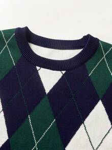 Boys' Colorblock Plaid Jacquard Knit Crew Neck Sweater, Long Sleeve Pullover For Autumn & Winter - Green - View 3