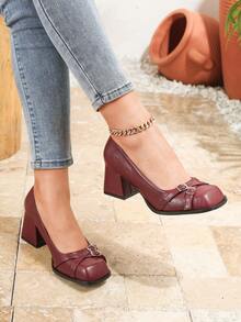 Plus Size Heels, Women's High Heel Pumps, Vintage Fashion Burgundy Chunky Heel Square Toe Mary Jane High Heels, Elegant Comfortable Work Shoes, College Party Commute Casual Women's Shoes - Burgundy - View 4
