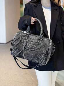 New Vintage Washed Jeans Messenger Bag, Casual Y2K Style Shoulder Bag, Double Handle Hand Bag, Niche Design, Spacious And Practical, Suitable Work Commuting, Shopping, Travel And Back To School, Fashionable Street Bag, Cow Girl KO4Q - 黑色 - 查看 8