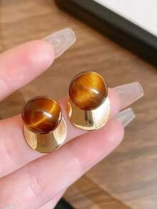 1 Pair Of Maradet Tiger Eye Stone Vintage Earrings - Small-Scale Luxury High-End Style Ear Jewelry For Autumn/Winter, New Best-Selling Earrings For Women