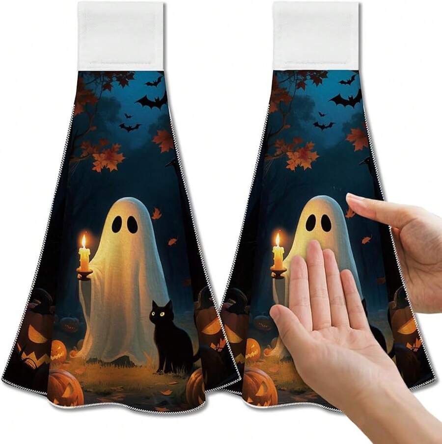 Halloween Puppy Hanging Kitchen Towels With Loop, Set Of 2 - Soft & Super Absorbent Microfiber Decorative Hanging Dish & Hand Towel, Tea, Coffee Towel For Kitchen Bathroom Oven Handlehalloween - bóng ma - Xem 1