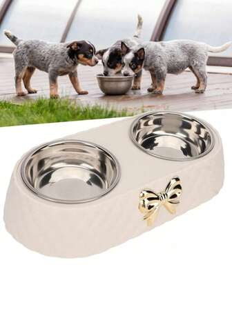 不锈钢宠物碗，带防滑底座，适用于猫和狗，双碗，可盛食物和水