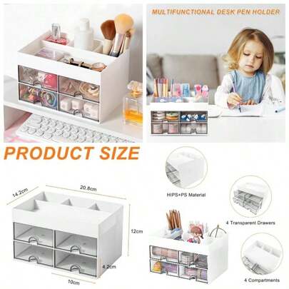 Organizador Escritorio, Lapiceros para Accesorios Escritorio con 4 Compartimentos y 4 Cajones, Portalapices Multifuncional, Organizadores Rotuladores para Hogar, Oficina y Escuela Blanco