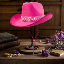 Shiny Rhinestone Cowgirl Hat For Women Solid Color Wide Brim Western Cap With Windproof Rope - Watermelon Red - View 1