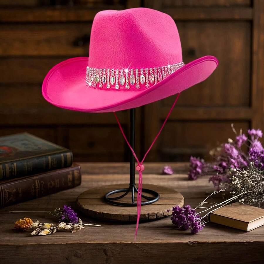 Shiny Rhinestone Cowgirl Hat For Women Solid Color Wide Brim Western Cap With Windproof Rope - Watermelon Red - View 1