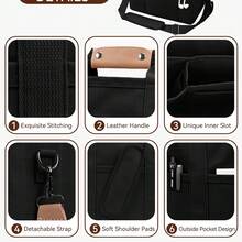 Canvas Tote Bag For Women With Multi-Pockets, Spacious & Durable School Messenger Bag – High-Capacity Shoulder Tote For Books, Laptop & Daily Essentials - 黑色 - 查看 6