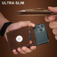 AirTag - portafolios para hombre, de piel autntica con soporte para Airtag, billetera delgada con bloqueo RFID para con caja de regalo, color caf Airtag no incluido Brown - idwindow, Minimalista - Ventana marrón-id - Ver 3