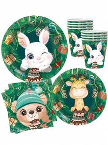 100 Stücke Einweggeschirrset mit Wald-Süßes-Haustier-Thema, einschließlich 7-Zoll-Papiertablett, 9-Zoll-Karton, 9-Unzen-Becher, Servietten, geeignet für tägliche Zusammenkünfte, Geburtstagsfeiern, Brautpartys, Babypartys, Clubs, Hochzeiten, Teepartys, Picknicks, Ausflüge im Freien