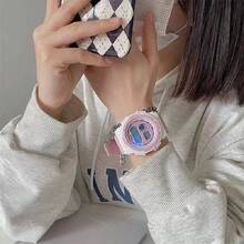 1pc Round White & Sky Blue Contrast Color Soft Plastic Strap Men's Watch, With Week Alarm Date Chronograph Luminous Digital Electronic Watch Suitable For Casual, Campus Life And Light Sports