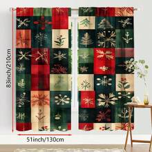 2pcs Patchwork Christmas Pattern Curtains, Retro Design Light - Filtering Polyester Curtains For Christmas Home Windows, Rod Pocket Curtains For Living Room & Bedroom Decor