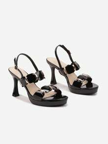 Patent Leather Stiletto Sandals With Geometric Straps - Black - View 5