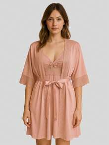 Luxury Romantic And Lace Robe Comfortable Bathrobe Night Line Bride And Maternity - Màu hồng gỉ - Xem 2