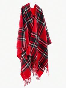 1pc Women's Fashionable Plaid Warm Scarf Shawl Poncho For Dress - Big Red-b - View 2